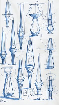 a bunch of different shapes and sizes of vases in blue ink on white paper