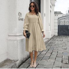 Nwt. Arrived Too Late To Wear For Pictures And Unable To Return. Neutral/Beige/Taupe Color. Reminded Me Of Reformation Belgium Dress. Casual Square Neck Smock Midi Dress, Casual Smock Midi Dress With Square Neck, Casual Midi Dress With Square Neck And Smock Details, Casual Midi Dress With Smock And Square Neck, Casual Beige Solid Color Dress, Casual Cream Midi Dress For Fall, Beige Solid Color Midi Dress For Vacation, Chic Beige Smocked Dress For Beach, Beige Ruched Midi Dress For Fall