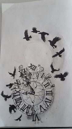 a drawing of birds flying around a clock