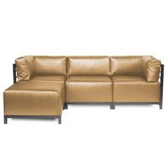 a tan leather couch and footstool on a white background