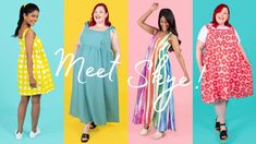 three women in different dresses with the words meet style written on them and above them