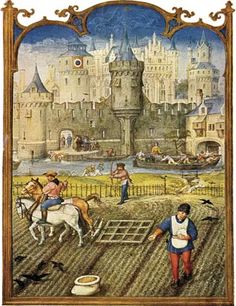 an old painting with people and animals in the field next to a castle, surrounded by other buildings