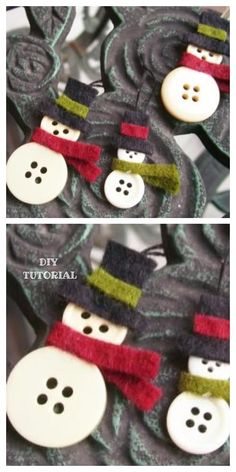 two pictures of buttons with hats and scarfs on them