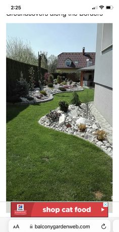 an image of a yard with rocks and plants in it, as well as the words shop cat food