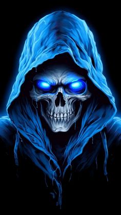 a skull with blue eyes and a hoodie on it's head, in the dark