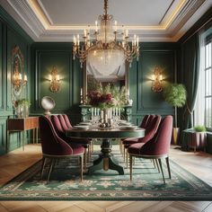 an elegant dining room with green walls and chandelier