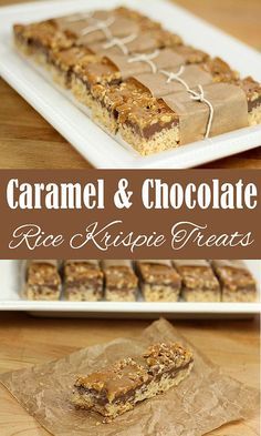 caramel and chocolate rice krispie treats on a white plate with text overlay