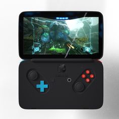 an image of a game controller with a phone on it's back side and another device in the background