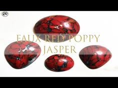 four red and black stones sitting next to each other on a white background with the words faux red poppy jasper