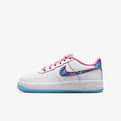 (eBay) Under Armour. NIKE SHOES CASUAL KIDS AIR FORCE 1 (GS). kixpress / NIKE /AIR FORCE 1 (GS). WHITE/MULTI-COLOR-PINK GLOW. AIR FORCE 1 (GS). Electric Pattern, Yeezy Boots, Painted Sneakers, Nike Models, Nike Air Force 1 Low, Hot Sneakers, Liner Socks, All About Shoes, Nike Kids