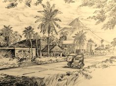 this is a drawing of a house in the middle of a tropical area with palm trees and mountains behind it