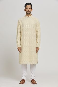 Beige cotton kurta with sequins and thread embroidery. Comes with churidar. - Aza Fashions Beige Kurta With Resham Embroidery For Festivals, Transitional Resham Embroidered Cambric Kurta, Ceremonial Semi-stitched Kurta With Resham Embroidery, Transitional Beige Kurta With Resham Embroidery, Semi-stitched Beige Kurta With Resham Embroidery, Eid Cotton Embroidered Fabric With Pallu, Men Kurta, Cotton Kurta, Thread Embroidery