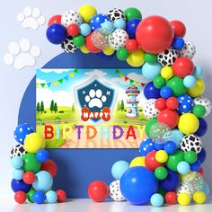 a birthday card surrounded by balloons and streamers in the shape of a dog's house