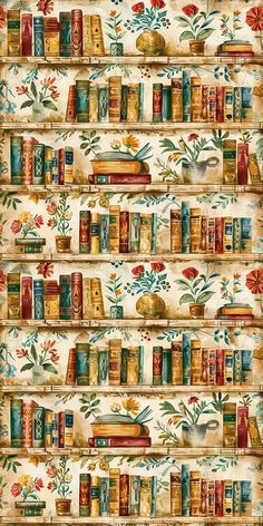 a book shelf with many books on it and flowers painted on the wall behind it