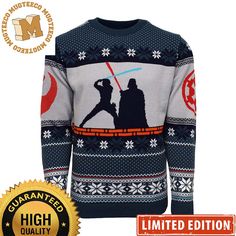 a star wars sweater with the silhouettes of darth vader and luke on it