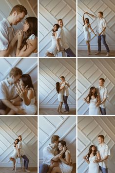 a collage of people posing for pictures in front of a white wall with wood paneling