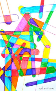 an abstract painting with multicolored lines and shapes