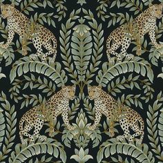 a wallpaper pattern with leopards and leaves on black, green and gold colors