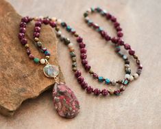 Sea Sediment Jasper Boho Long Necklace, Knotted Bead Bohemia Necklace, Healing Crystal Beaded Necklace, Stability Protection Necklace Gift - Etsy Bohemian Beaded Necklaces With Faceted Beads, Bohemian Crystal Pendant Necklace With Faceted Beads, Long Necklace Boho, Crystal Bead Necklace, Protection Necklace, Jasper Necklace, Stone Pendant Necklace, Jasper Pendant, Statement Pendant