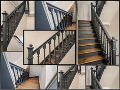 stairs and railings are shown in this collage