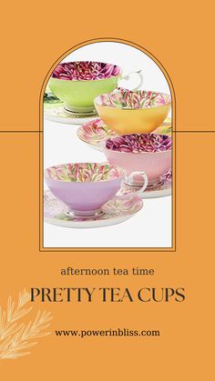 three tea cups and saucers with pink flowers on them are featured in an orange background