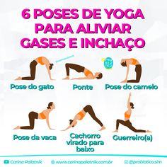 a woman doing yoga poses with the words 6 pose de yoga para alvar gases e inchado