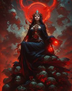 a woman sitting on top of a pile of skulls in front of a red sky