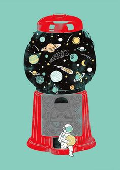 a poster with an image of a space - themed gumper machine on it's side