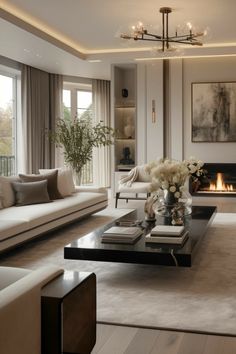 a living room filled with furniture and a fire place in the middle of the room