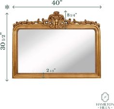 an ornate gold framed mirror is shown with measurements for the frame and top half of it