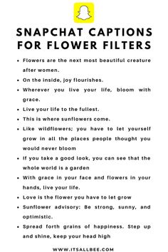 the snapchat captions for flower filters are shown in yellow and black text