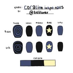 Coraline Nails Ideas, Nail Ideas For Super Short Nails, Phoebe Bridgers Inspired Nails, Short Emo Nail Designs, Coraline Nails Easy, Easy Coraline Nails, Halloween Nails Coraline, Short Coraline Nails, Color Palette For Nails