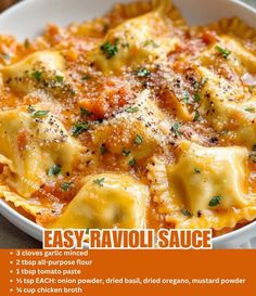 an easy ravioli sauce recipe in a white bowl