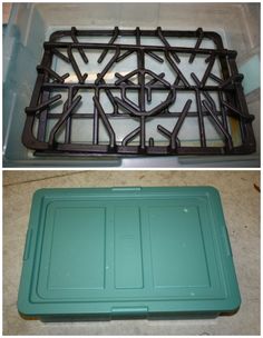 before and after pictures of an old stove top with new burners, the bottom has been painted teal