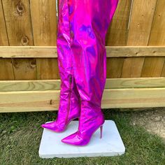 New, Never Worn Cape Robbin Hot Pink Glossy Metallic Thigh High Boots Pointy Toe 5" (Approx) Stiletto Heels Inside Zipper For Easy On & Off Definitely Will Turn Heads Measurement Are On A Size 7 (Increase As Size Goes Up) Monitor Settings May Vary Pink Boots For Night Out During Party Season, Pink Heeled Party Boots, Pink Fitted Heeled Boots For Party, Fitted Pink Heeled Boots For Party, Pink High Heeled Knee-high Boots For Party, Fitted High Heel Knee-high Boots For Party Season, Spring Pink Knee-high Party Boots, Pink Knee-high Boots For Party In Spring, Pink Knee-high Boots For Spring Party