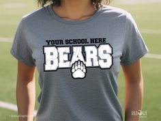 Personalized Bears Mascot School Spirit T-Shirt Crewneck, Hoodie Hooded Sweatshirt Not all colors are available in all sizes and styles.  Please check the color and size charts in photos. We do our best to accurately represent shirt colors by using actual photos but do understand that all monitors will display differently. Please contact us prior to purchase with any questions on sizing or colors. Your purchase includes a custom imprint created specifically for your team! A product proof will be emailed to you within 1 business day.  Please keep an eye on your Etsy messages and reply with any changes within 24 hours. Your order will be sent to production after that time if no response is received. Excessive editing will incur an additional fee so be sure to double check your information wh White Short Sleeve Hoodie With Letter Print, Elementary School Spirit Shirts, School Tshirt Designs, Staff Shirts, Represent Shirt, School Spirit Wear, School Spirit Shirts, Spirit Shirts, Team A