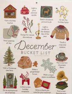 a christmas bucket list is shown with pictures and words on the front cover, including holiday items