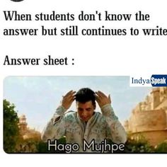 a man holding his head in front of him with the caption, when students don't know the answer but still continues to write an answer sheet