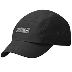 a black hat with white patches on it