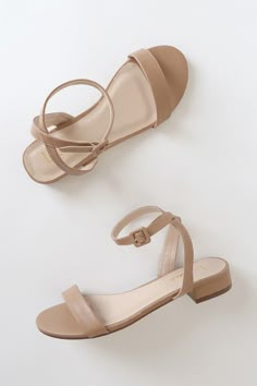 Lulus Exclusive! The Lulus Darryian Light Nude Ankle Strap Sandals add the perfect amount of chic to any look! Sleek vegan leather shapes these versatile sandals that have a slender toe strap and matching ankle strap with a square buckle. Low block heel adds just the right amount of height! 1" wrapped block heel. Lightly cushioned insole. Rubber sole has nonskid markings. Man Made Materials. Imported. Lulus | Darryian Light Nude Ankle Strap Sandal Heels | Size 5 | Beige | Vegan Friendly. Nude Shoes Bride, Nude Bridesmaid Shoes Beach, Ridesmaid Shoes, Nude Heels Lulus, Prom Shoes Low Heeled Nude, Nude Sandals Flat, Bridesmaid Shoes Flat, Bridesmaid Sandals, Bridesmaids Shoes