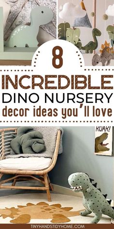 Collage of dinosaur themed nursery ideas. The text over the image reads, "8 incredible dino nursery decor ideas you'll love". Dinosaur Baby Room Nurseries, Dinosaur Nursery Ideas, Themed Nursery Ideas, Baby Boy Nursery Dinosaur, Dinosaur Boys Room Decor, Dinosaur Theme Room, Dinosaur Themed Nursery, Dinosaur Baby Room, Dinosaur Nursery Theme