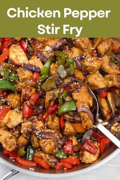 chicken stir fry with peppers and onions in a white bowl on top of a table