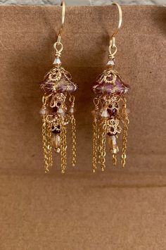 gold plated earrings with beads and chains