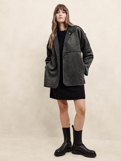 Reversible Vegan Suede Sherpa Jacket | Banana Republic Factory Everyday Fleece-lined Outerwear For Fall, Winter Outerwear With Patch Pockets For Layering, Lapped Seam, Banana Republic Factory, Sherpa Jacket, Black Suede, Banana Republic, Coats Jackets, Long Sleeves