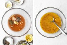 two bowls filled with different types of food on top of a white counter next to each other