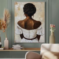 a painting of a woman's back in white dress