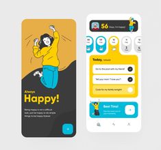 two mobile phone screens with an image of a person jumping and the text happy on them