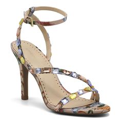 Adrienne Vittadini Glow-3 Dress Sandal Colorful rhinestones embellish the upper of this dainty ankle-strap sandal elevated by a slim stiletto heel.       Adjustable ankle strap     Open toe     Approx. 3" heel     Textile and jewel upper Embellished Ankle Strap Fitted Sandals, Embellished Fitted Sandals With Ankle Strap, Fitted Embellished Sandals With Ankle Strap, Spring Heels With Rhinestones And Ankle Strap, Feminine Rhinestone Heels For Spring, Spring Strappy Heels With Rhinestones, Jeweled Dress, Jewel Dress, Jeweled Shoes