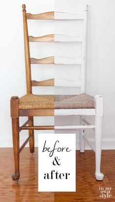 the before and after of a white painted chair with wicker seat cover on it