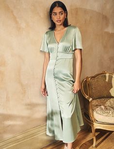 Sage Green Dress, Midaxi Dress, Iconic Dresses, Guest Dress, Date Night Dresses, Gingham Dress, Women Wedding Guest Dresses, Green Satin, Petite Maternity